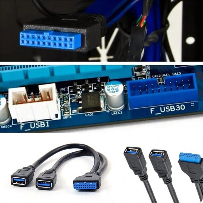 19 pin usb 3.0 dişi to 2x usb 3.0 dişi kablo