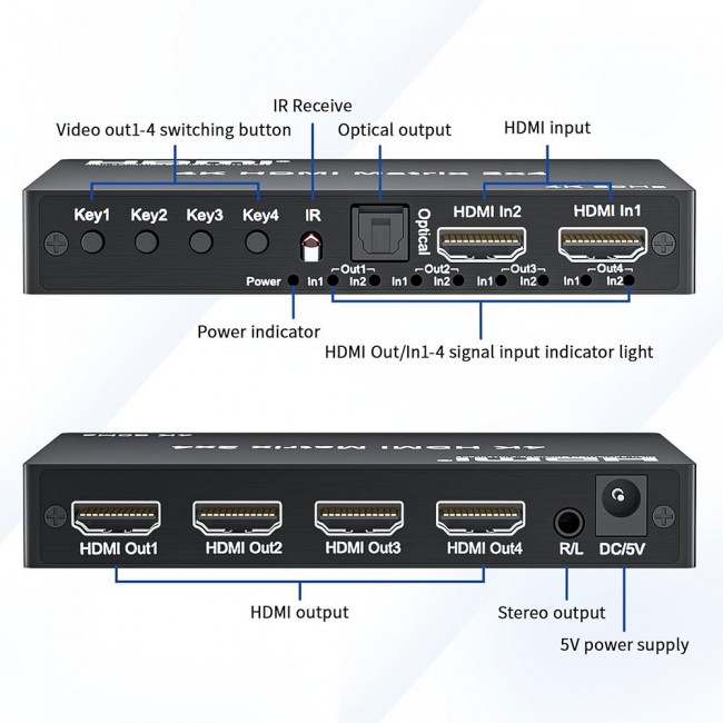 4K 2x4 HDMI Matrix Anahtarı, 2 in 4 Out Matrix Video Switcher Splitter 4K 2x4 HDMI Matrix Anahtarı, 2 in 4 Out Matrix Video Switcher Splitter