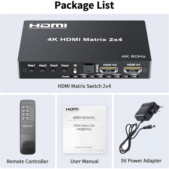 4K 2x4 HDMI Matrix Anahtarı, 2 in 4 Out Matrix Video Switcher Splitter 4K 2x4 HDMI Matrix Anahtarı, 2 in 4 Out Matrix Video Switcher Splitter