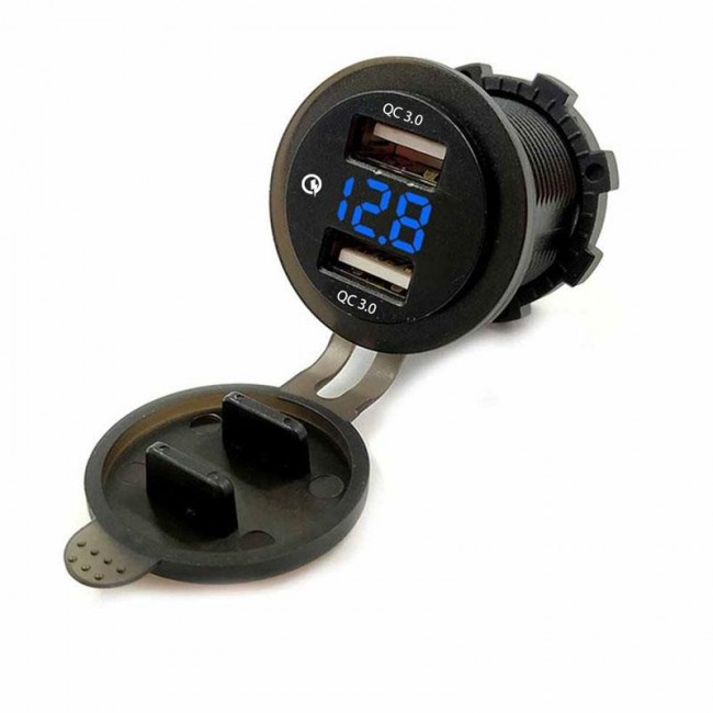 QC Çift USB 3.0 Araç Şarj Cihazı + dijital voltmetre mavi QC Çift USB 3.0 Araç Şarj Cihazı + dijital voltmetre mavi