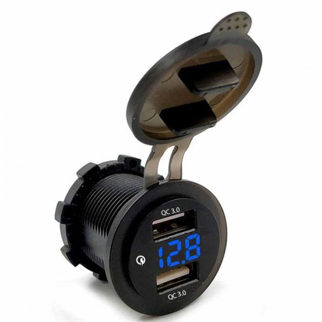 QC Çift USB 3.0 Araç Şarj Cihazı + dijital voltmetre mavi QC Çift USB 3.0 Araç Şarj Cihazı + dijital voltmetre mavi