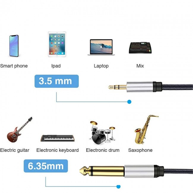 Bilgisayar anfi bağlantı kablosu 3,5mm stereo 6,3 mm mono jak 3m Bilgisayar anfi bağlantı kablosu 3,5mm stereo 6,3 mm mono jak 3m