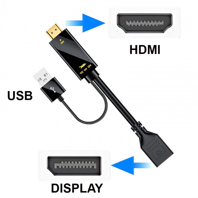 Hdmı to display 4k kablo + usb2.0 güç kaynağı kablosu hd to dp