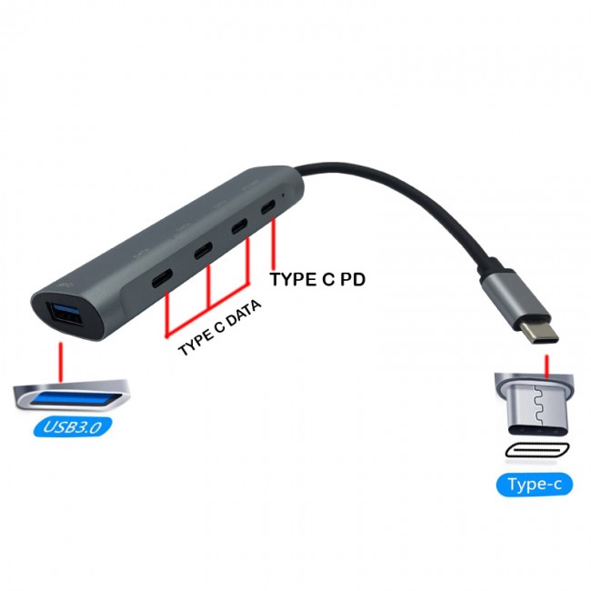Type c to 1 port usb 3.0 + 3 port type c +PD type c çoklayıcı hub