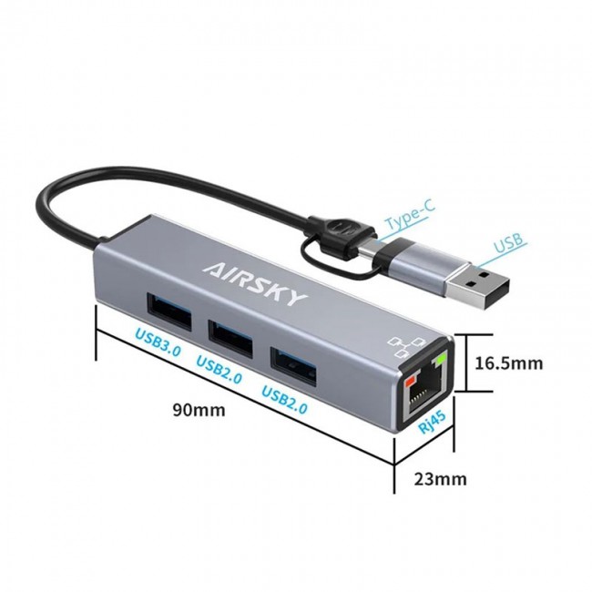 Type C - usb A to 3 port usb 3.0 hub + RJ4 ethernet 100mbps HC-78 Type C - usb A to 3 port usb 3.0 hub + RJ4 ethernet 100mbps HC-78