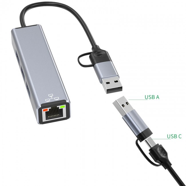 Type C - usb A to 3 port usb 3.0 hub + RJ4 ethernet 100mbps HC-78 Type C - usb A to 3 port usb 3.0 hub + RJ4 ethernet 100mbps HC-78