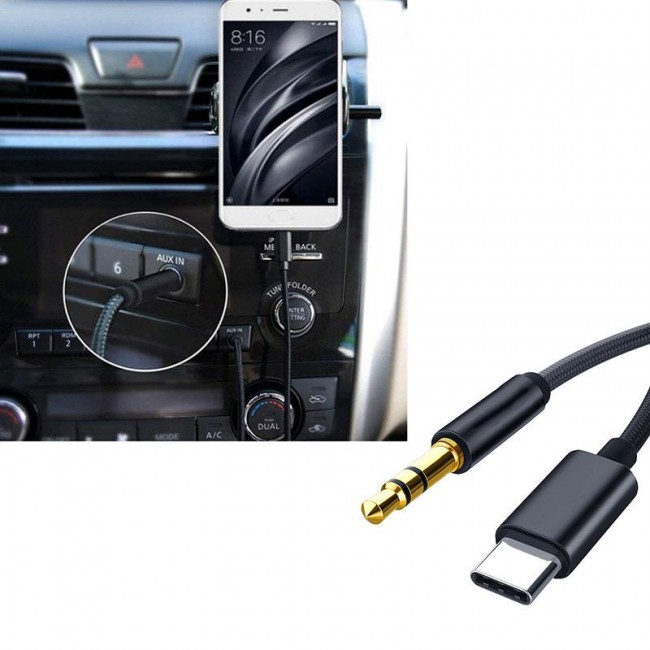 Type c usb c to Aux 3.5 mm Jack ip örgülü aux kablo 1m siyah