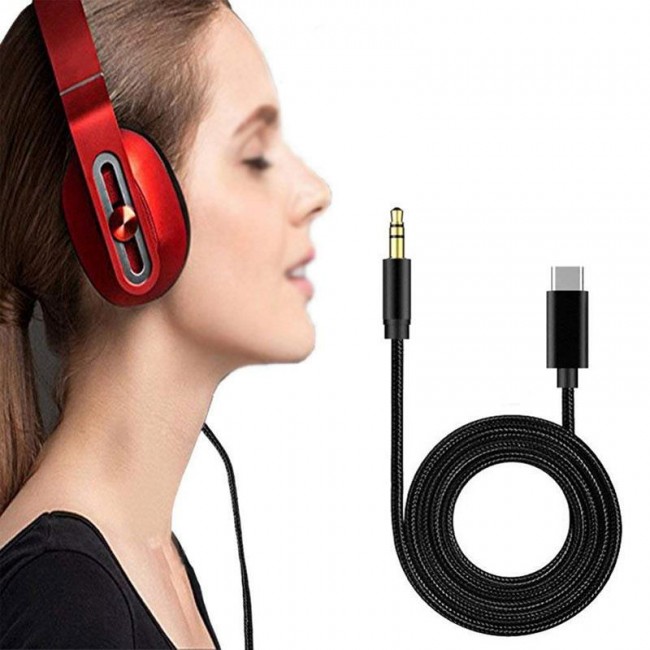 Type c usb c to Aux 3.5 mm Jack ip örgülü aux kablo 1m siyah