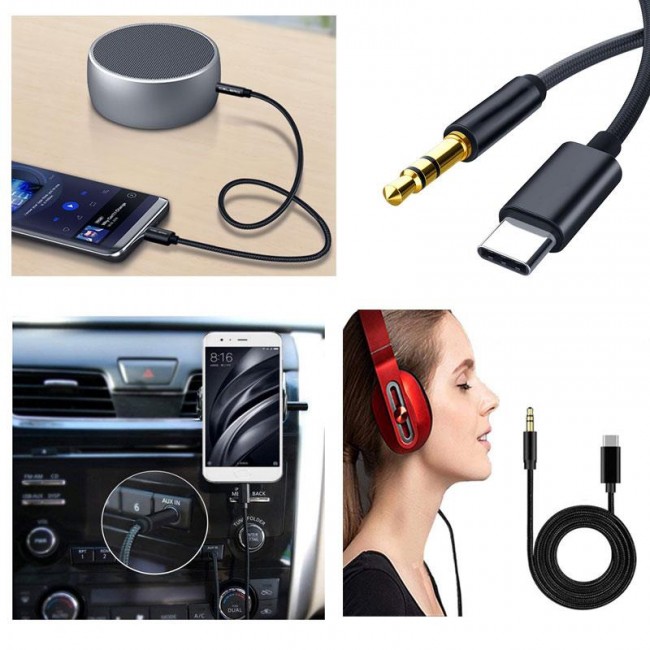 Type c usb c to Aux 3.5 mm Jack ip örgülü aux kablo 1m siyah