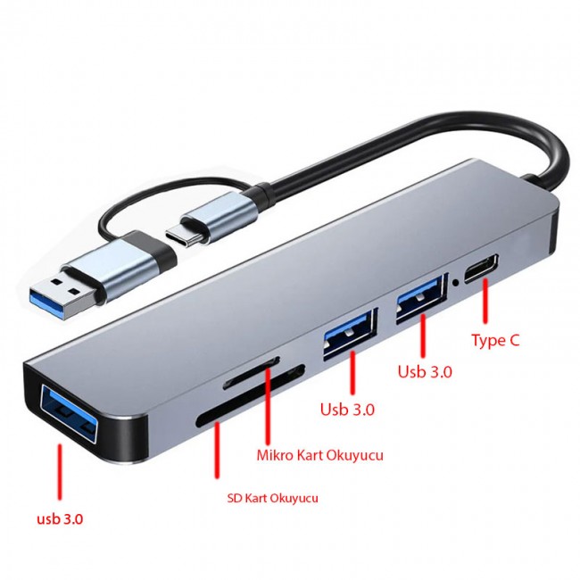 Type c - USB A to USB 3.0 +kart okuyucu 5 in 1 hub Type c - USB A to USB 3.0 +kart okuyucu 5 in 1 hub