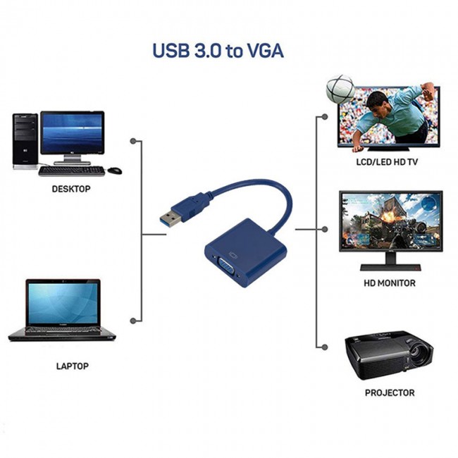 Usb 3.0 to 15 pin vga çevirici dönüştürücü kablo