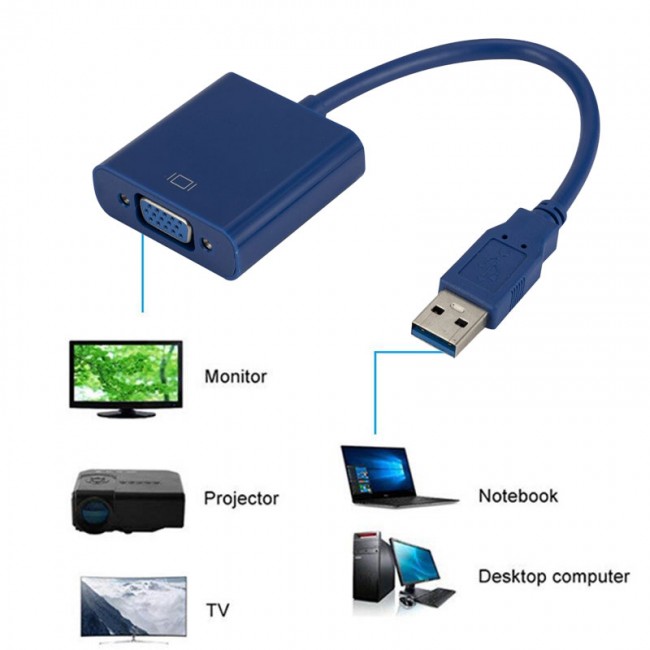 Usb 3.0 to 15 pin vga çevirici dönüştürücü kablo
