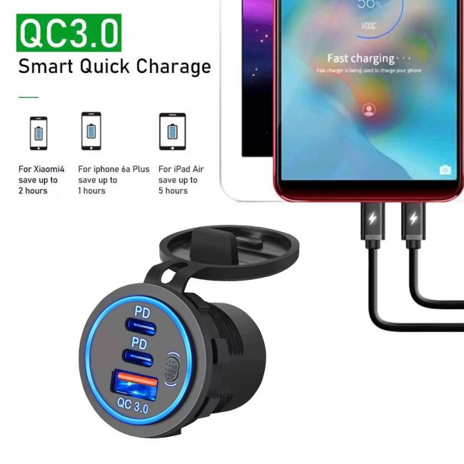 Usb Araç şarj soketi PD3.0 ve QC3.0 çift USB-C bağlantı noktaları Usb Araç şarj soketi PD3.0 ve QC3.0 çift USB-C bağlantı noktaları